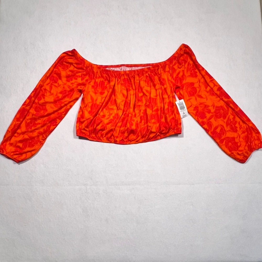 Torrid Floral Crop Top Off Shoulder Burnt Orange Red Sleeve Super Soft Size‎ 2